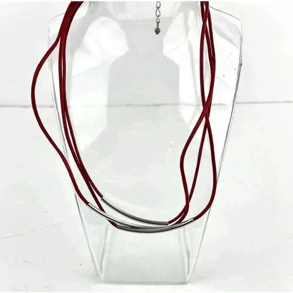 Dark Red Layered Leather Strands Necklace With Metal Accent 15" Layered - Picture 5 of 6